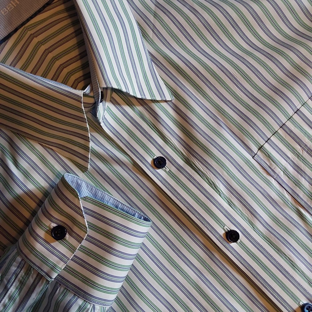J Hilburn Men's Designer Custom Non Iron Dress Shirt 17 34-35 Blue &Green Stripe